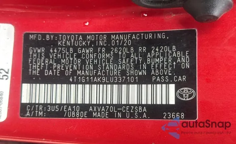 2020 Toyota Camry Se из США, поврежденный, VIN 4T1G11AK9LU337101